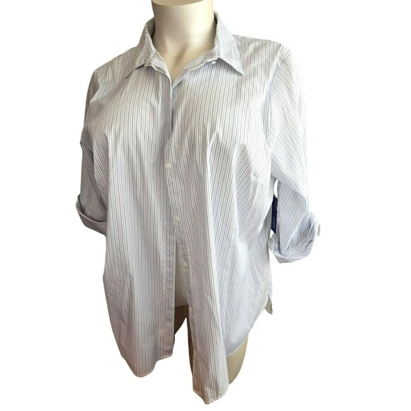 Womens Button-Up Collared Shirt White Blue & Black Pinstripes Size 3X JJ4040 - Picture 1 of 9
